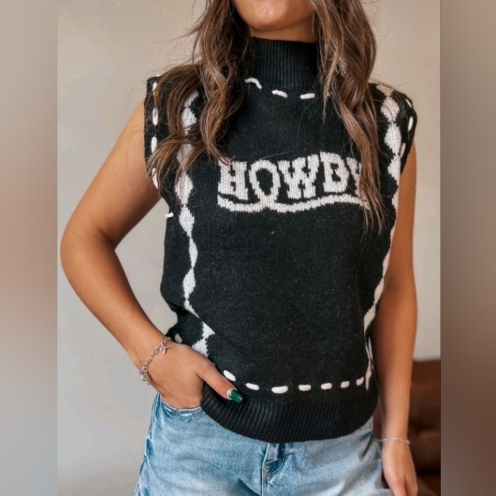 Lucky & Blessed Black and Ivory Howdy Stiched Sweater Vest